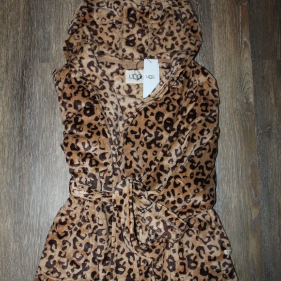 NWT UGG WOMEN'S‎ MIRANDA PLUSH HOODED BATH ROBE LEOPARD BLACK BROWN - Picture 3 of 8